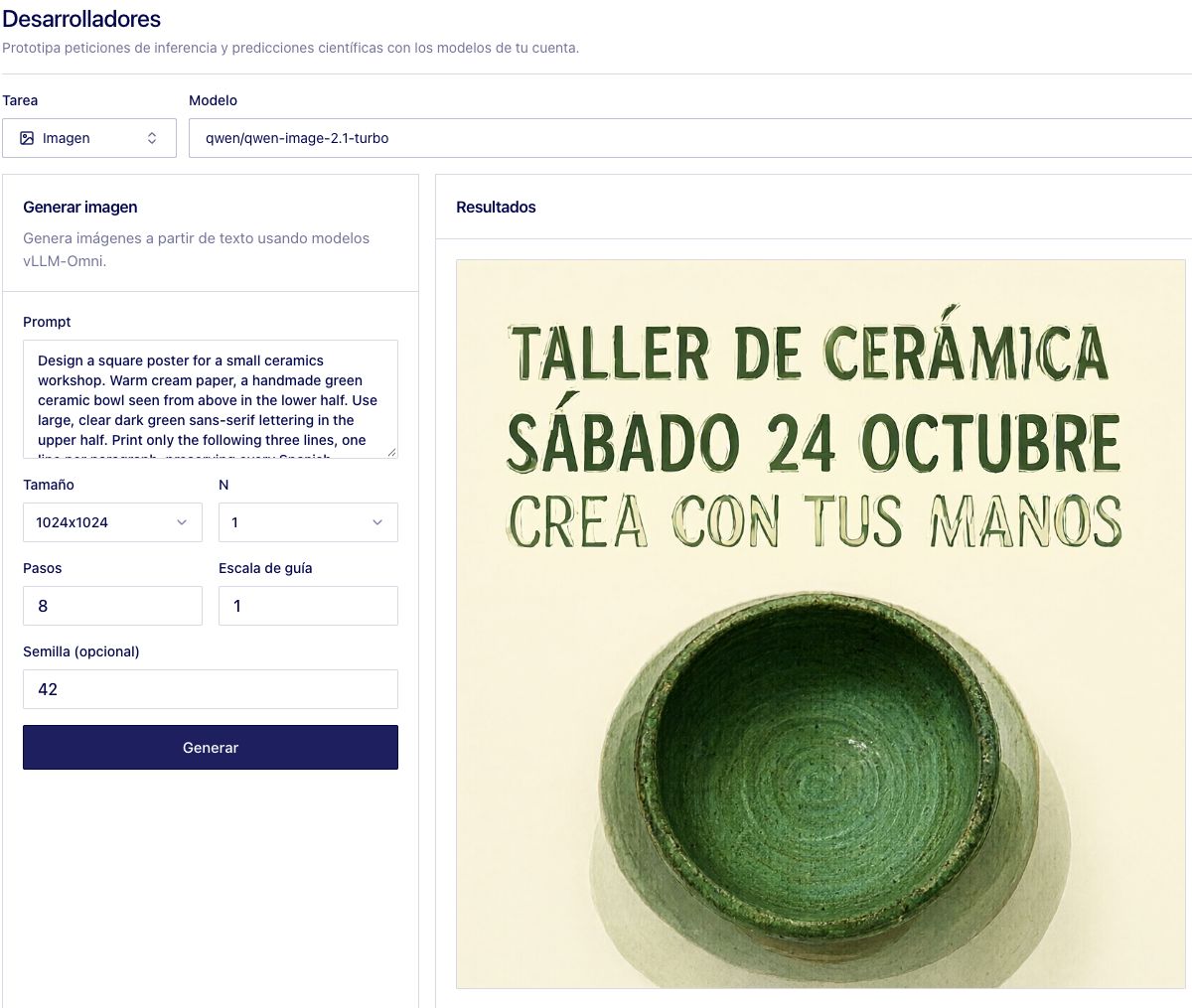 Prompt, parámetros y resultado del cartel en el laboratorio de QDivZero