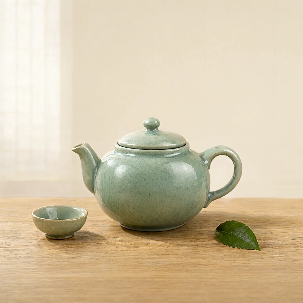 Tetera de cerámica verde con taza y hoja de té, generada con Qwen Image Turbo