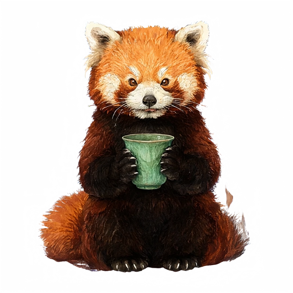 Panda rojo con una taza de cerámica, generado con un canal alfa transparente