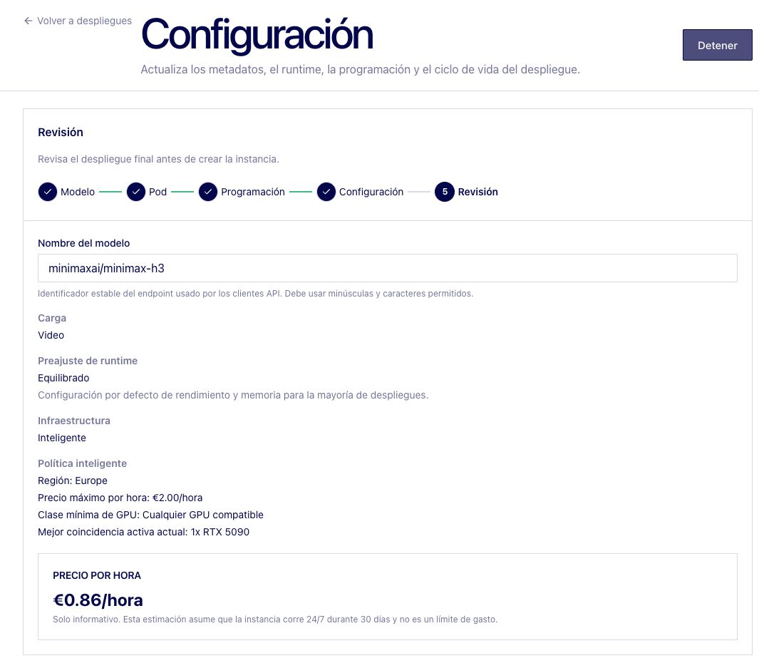 Configuración real de MiniMax-H3 en QDivZero con el nombre del endpoint y el precio máximo por hora